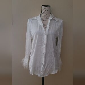 Zara Satin White Button Down Shirt with Feather Cuffs